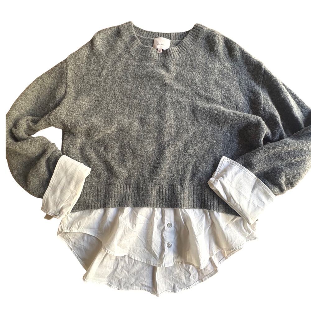$345 CINQ A SEPT Carlotta Grey Wool Blend Shirt Hem Sweater Sz M Academia Office
